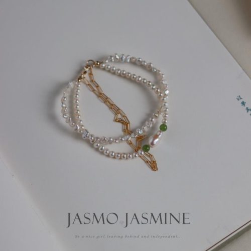 3.5 4.0mmDoubleStrandWhiteFreshwaterPearlJadeBracelet3