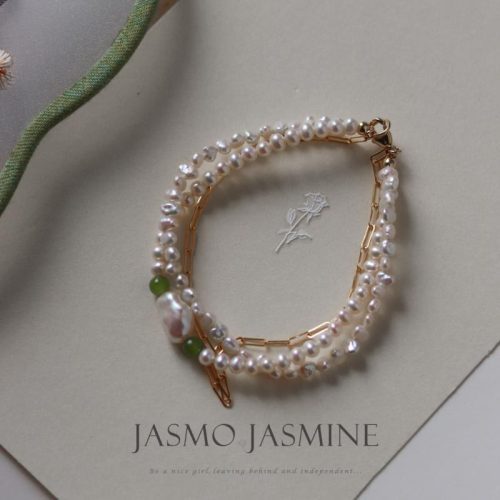 3.5 4.0mmDoubleStrandWhiteFreshwaterPearlJadeBracelet6