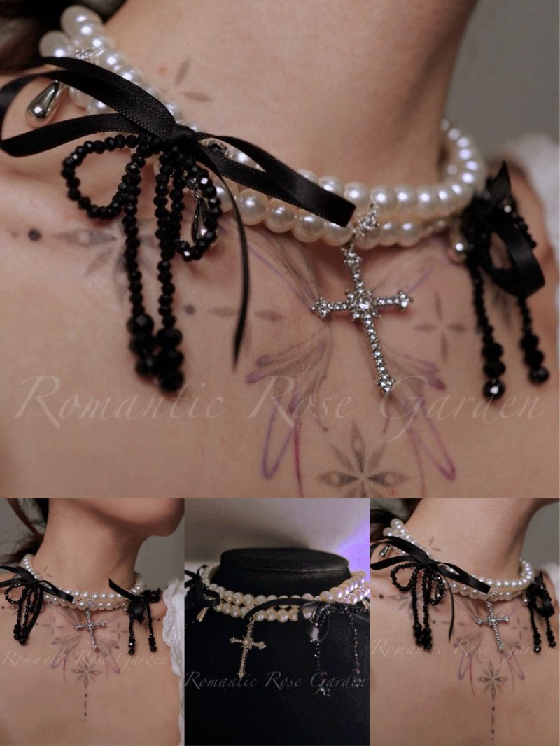 BalletBlackBowDoubleStrandPearlChoker1