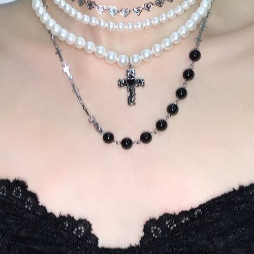 BlackCrossPendantPearlLayeredChokerNecklace3