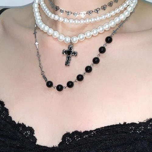 BlackCrossPendantPearlLayeredChokerNecklace5