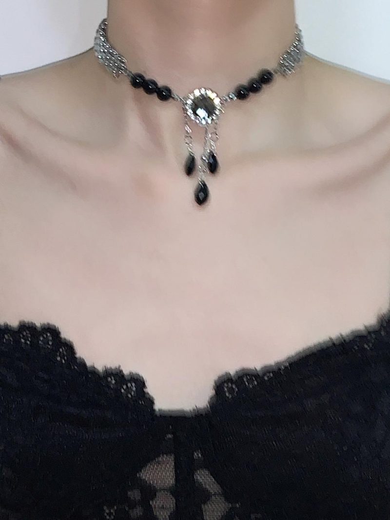 BlackDropsTasselChokerNecklace3