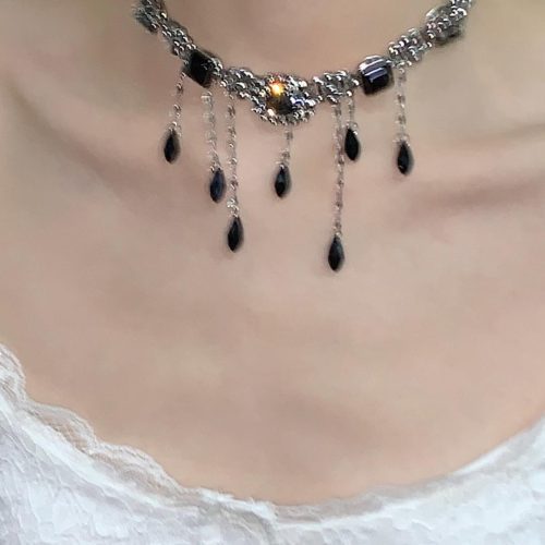 BlackDropsTasselChokerNecklace5