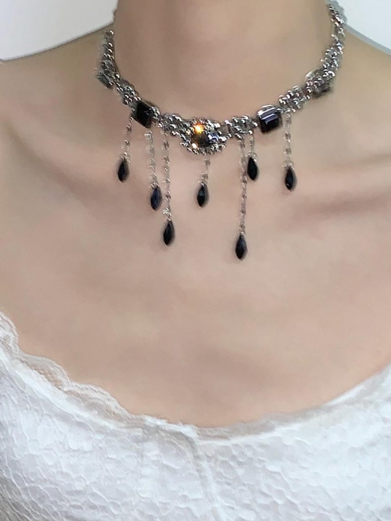 BlackDropsTasselChokerNecklace5