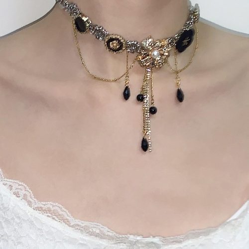 BlackGoldenLayeredTasselChoker10