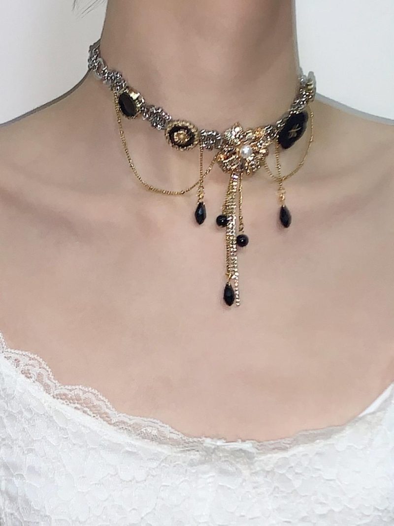 BlackGoldenLayeredTasselChoker10