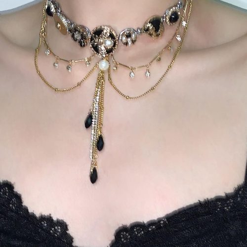 BlackGoldenLayeredTasselChoker4