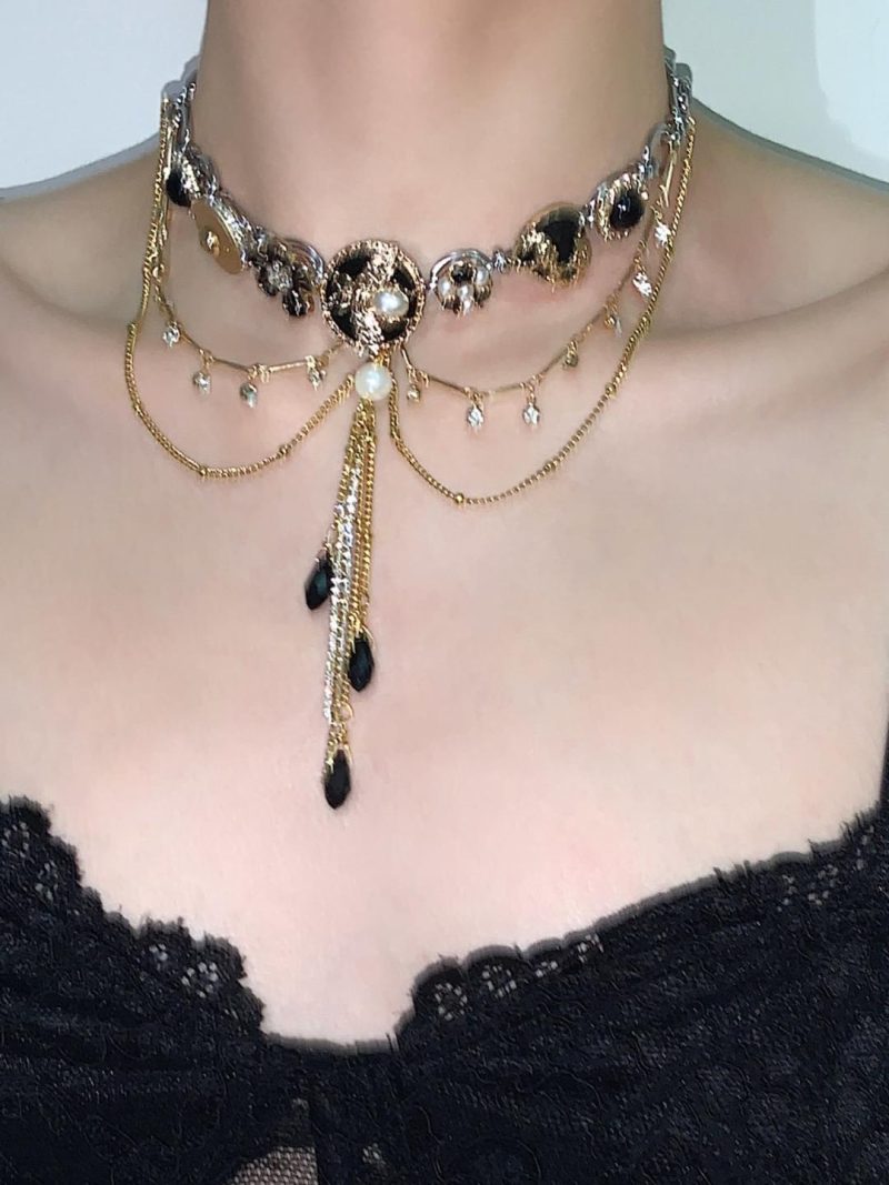 BlackGoldenLayeredTasselChoker4