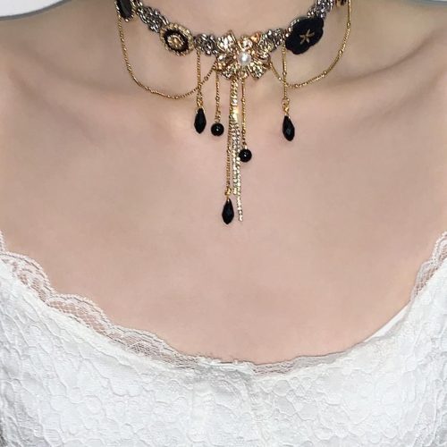 BlackGoldenLayeredTasselChoker9