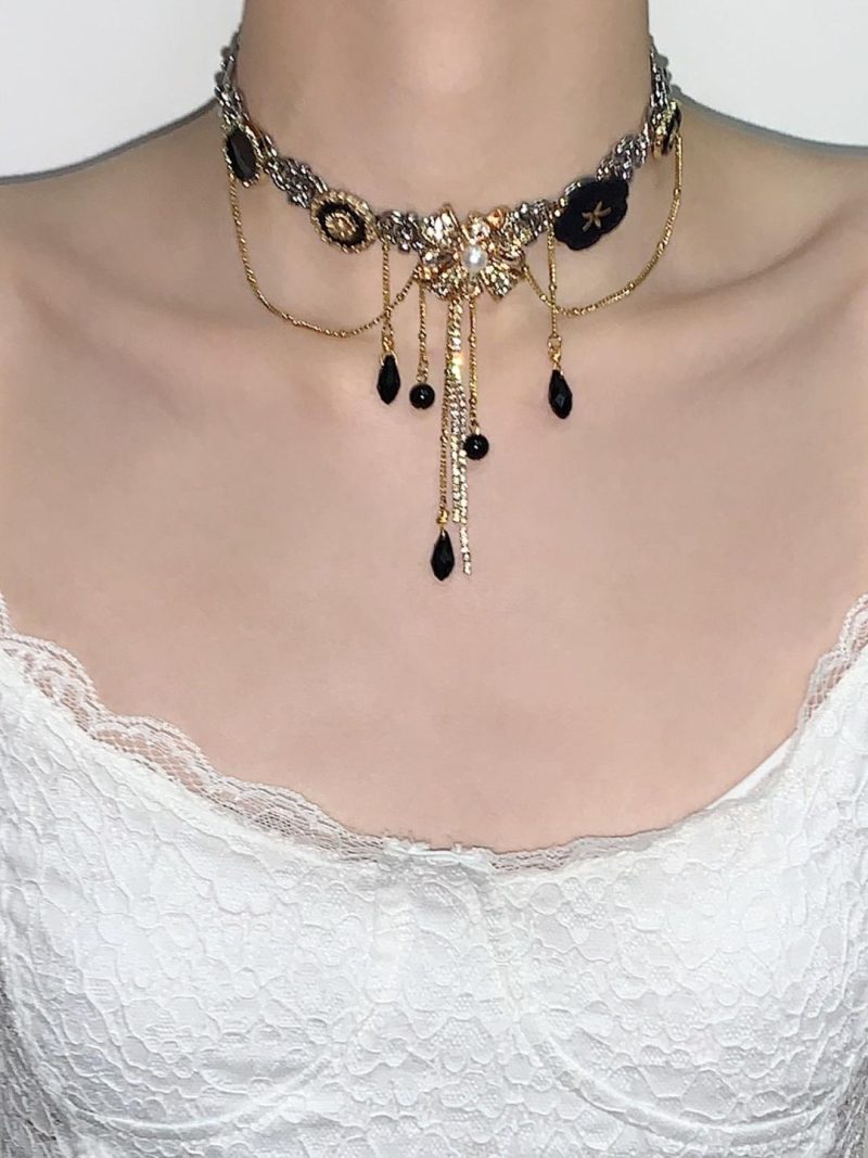 BlackGoldenLayeredTasselChoker9