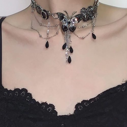 BlackSilverButterflyTasselChoker10