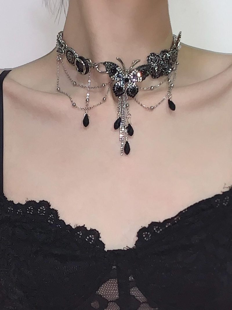 BlackSilverButterflyTasselChoker10