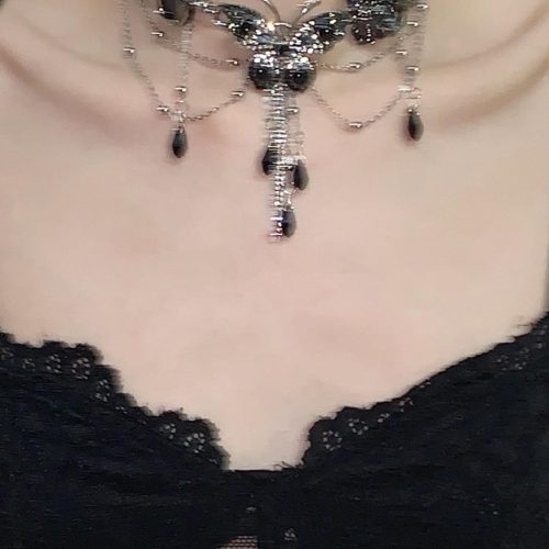 BlackSilverButterflyTasselChoker11