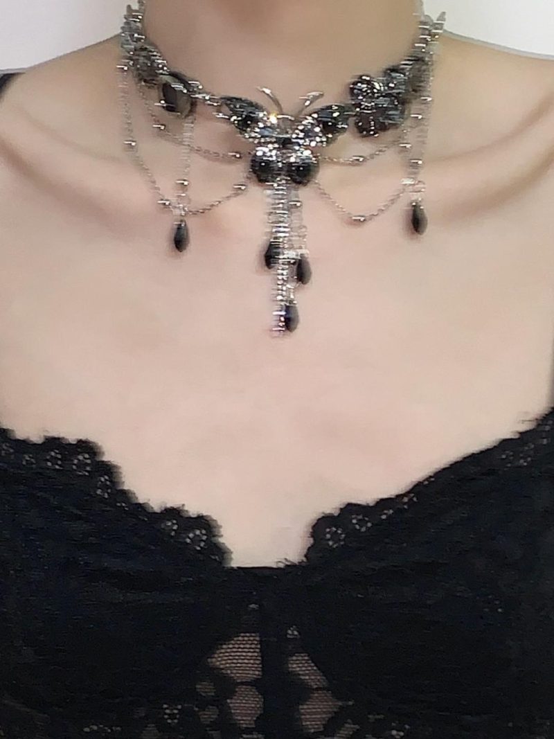 BlackSilverButterflyTasselChoker11