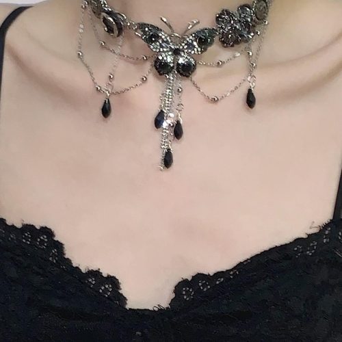 BlackSilverButterflyTasselChoker12