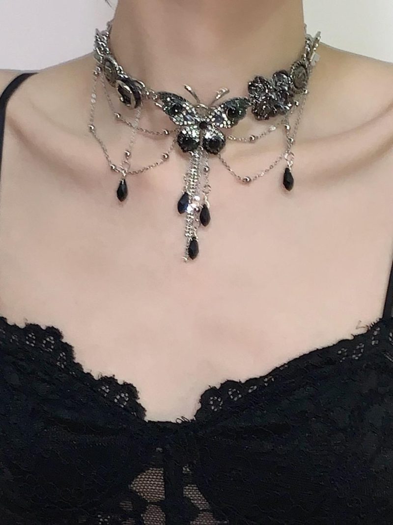 BlackSilverButterflyTasselChoker12