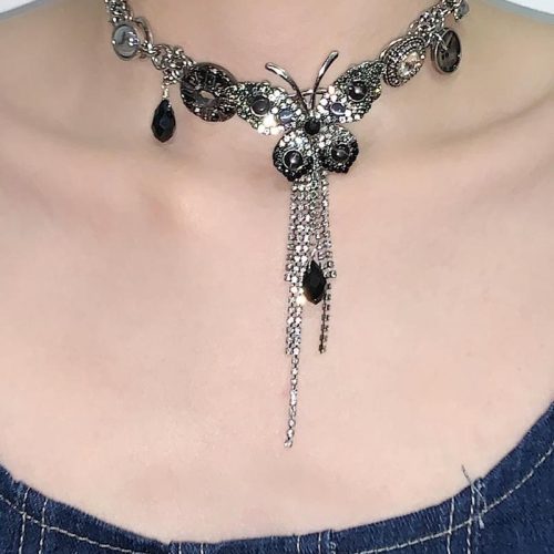 BlackSilverButterflyTasselChoker2