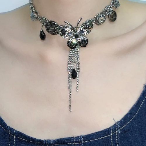 BlackSilverButterflyTasselChoker3