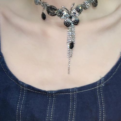 BlackSilverButterflyTasselChoker4