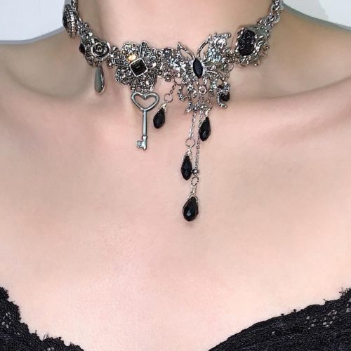 BlackSilverButterflyTasselChoker5