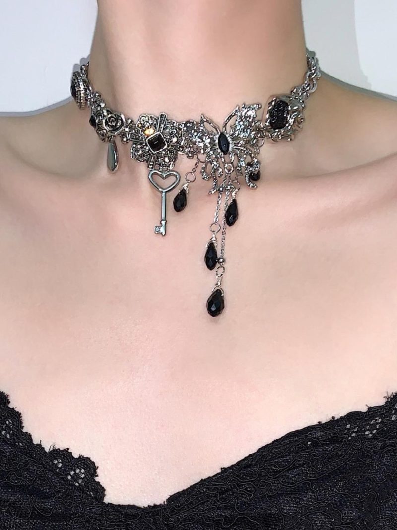 BlackSilverButterflyTasselChoker5