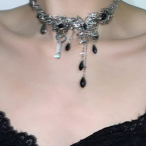 BlackSilverButterflyTasselChoker6