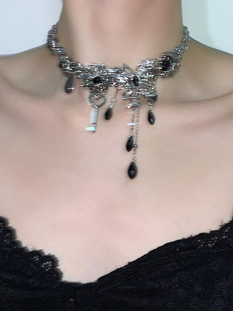 BlackSilverButterflyTasselChoker6