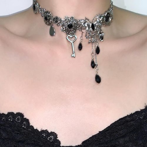 BlackSilverButterflyTasselChoker8