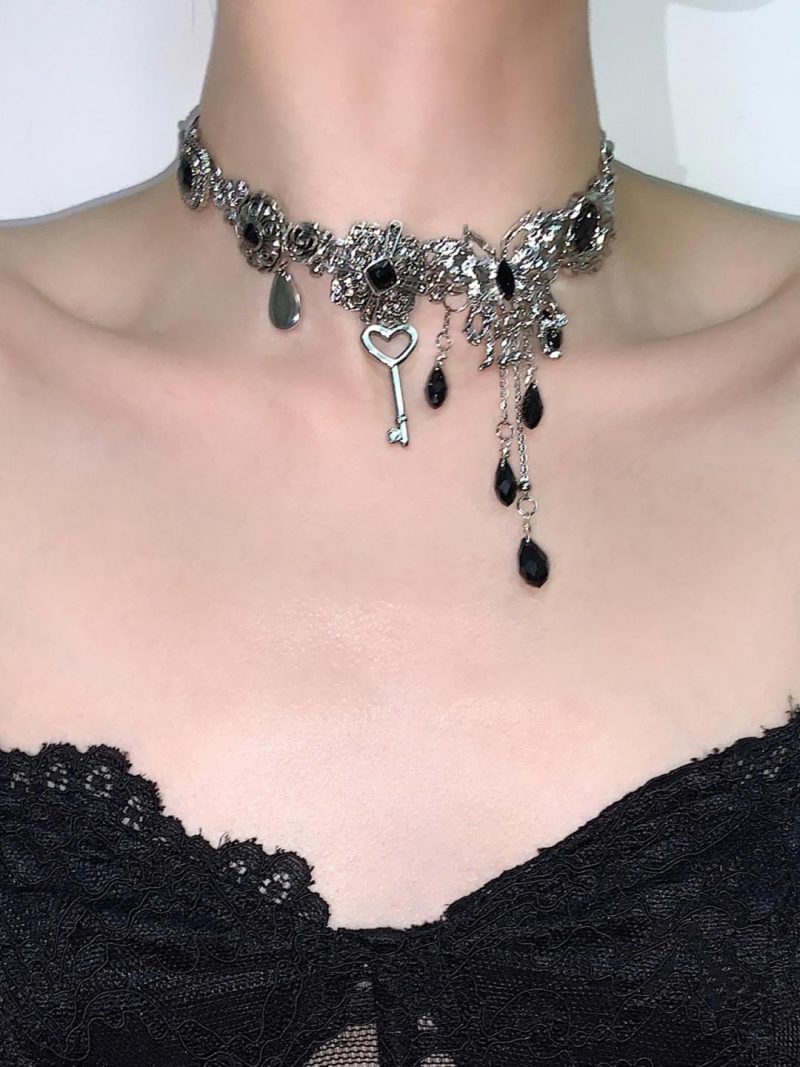 BlackSilverButterflyTasselChoker8