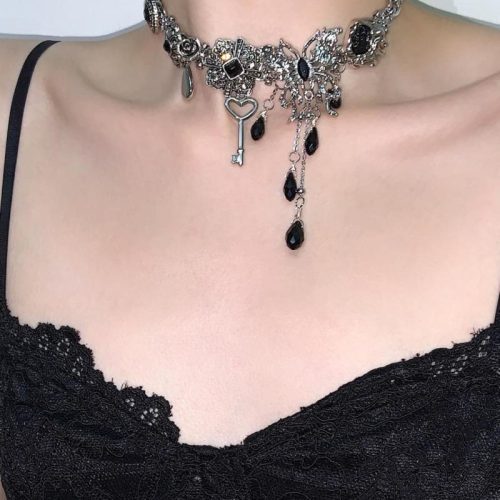 BlackSilverButterflyTasselChoker9