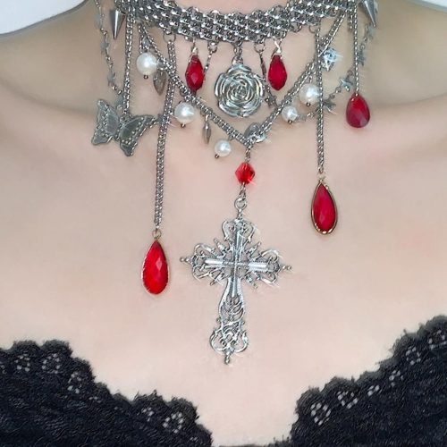 BloodTearCrossPendantLayeredChoker3