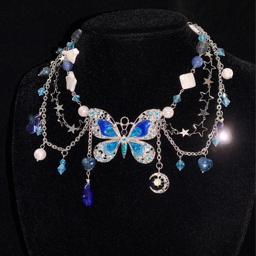 BlueButterflyPendantTasselNecklaceWaistChain3