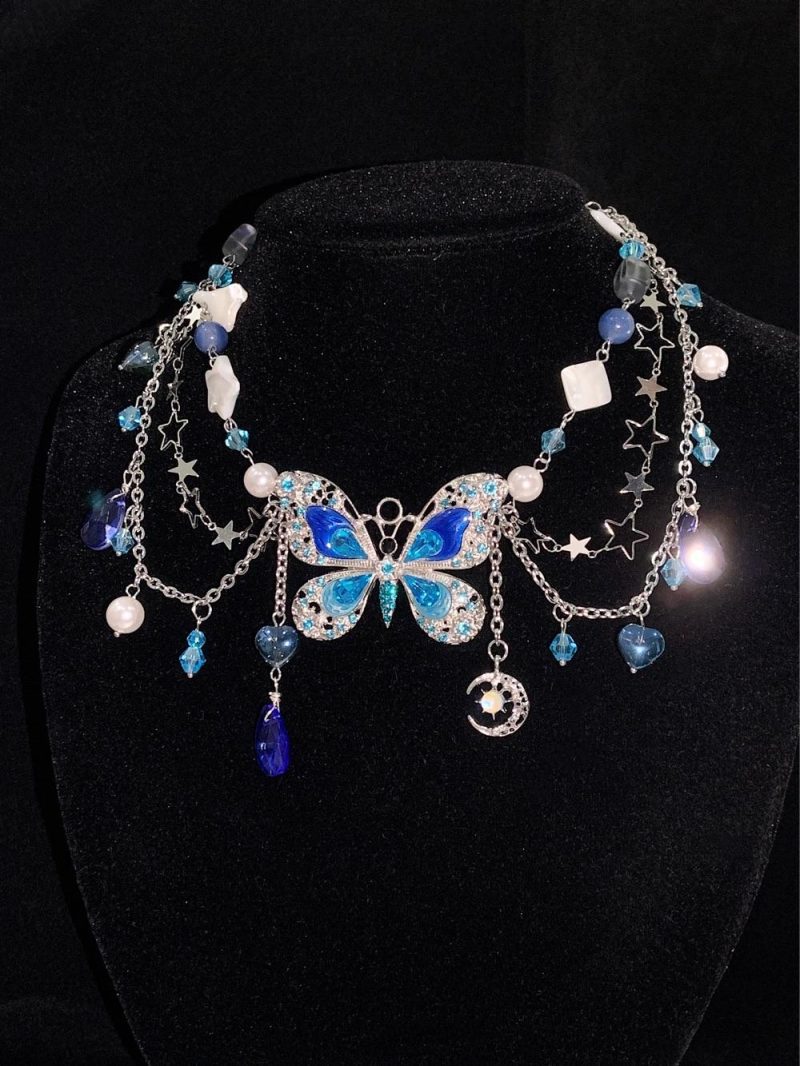 BlueButterflyPendantTasselNecklaceWaistChain3