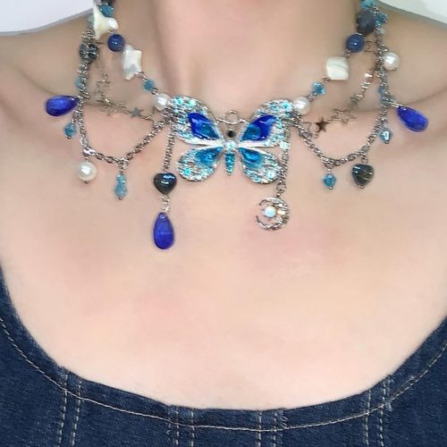 BlueButterflyPendantTasselNecklaceWaistChain4