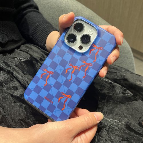 BluePlaidBowPrintedDoubleLayerPhoneCase2