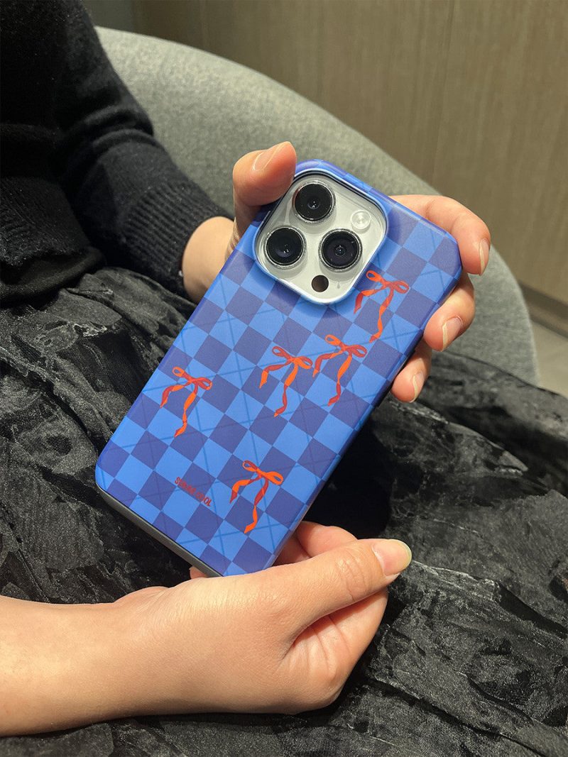 BluePlaidBowPrintedDoubleLayerPhoneCase2