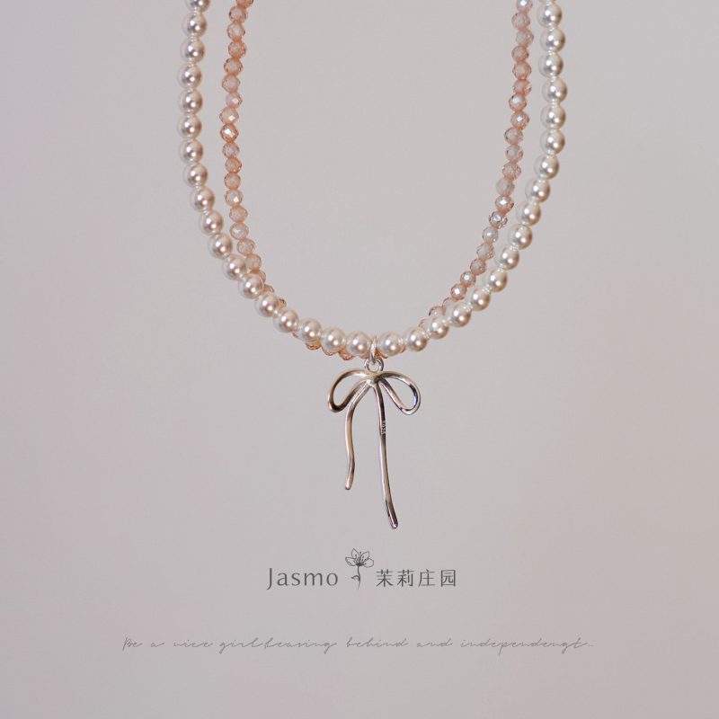 BowPendantDoubleStrandCrystalPearlZirconNecklace6