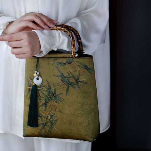 Chinoiserie BambooLeafPrintedSilkHandbag3