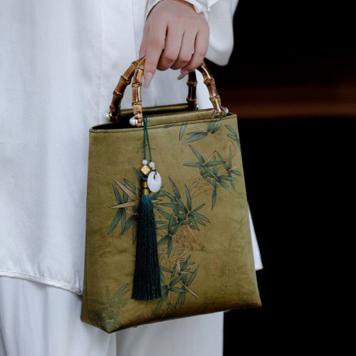 Chinoiserie BambooLeafPrintedSilkHandbag4