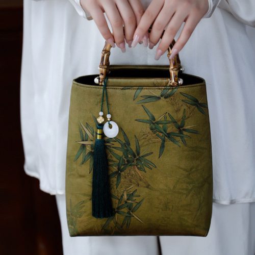 Chinoiserie BambooLeafPrintedSilkHandbag5