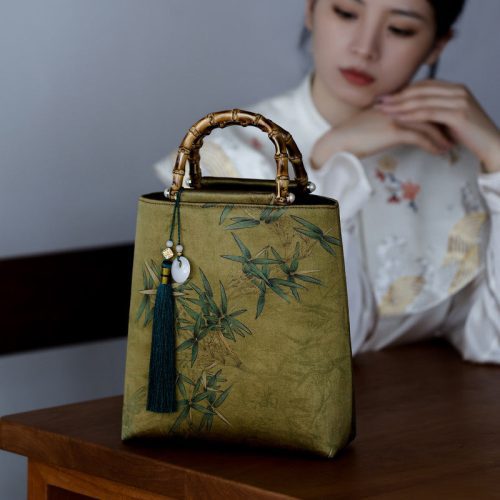 Chinoiserie BambooLeafPrintedSilkHandbag7