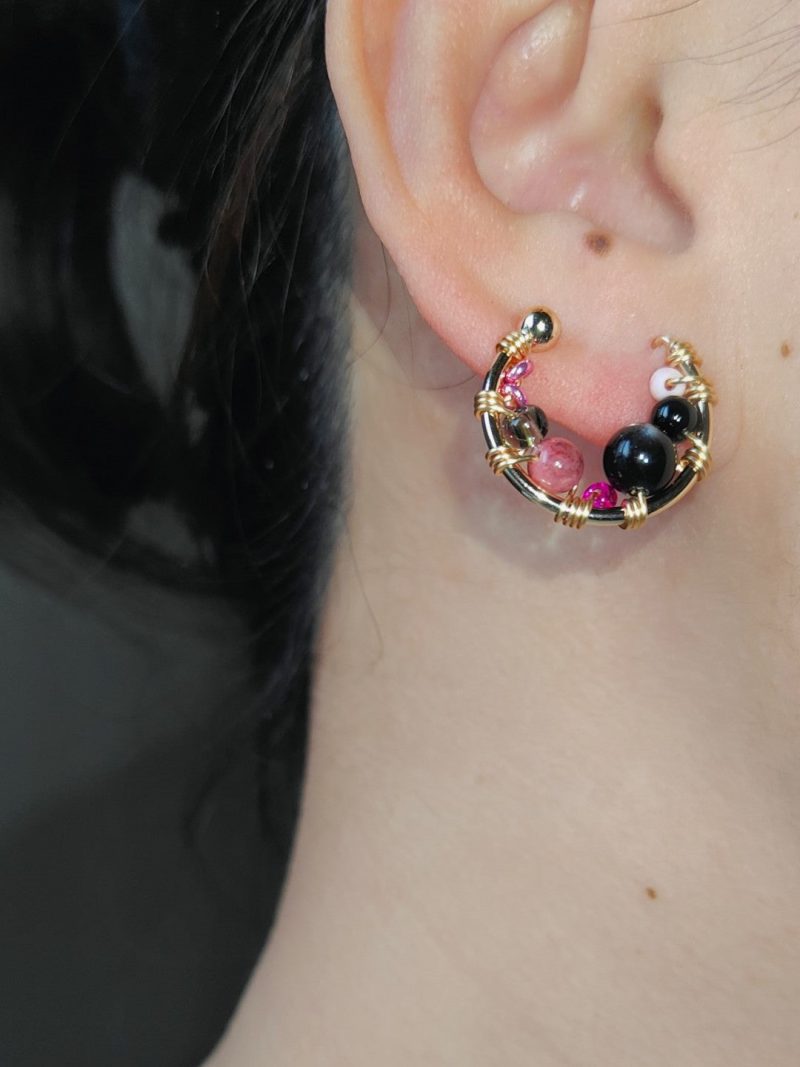 Chinoiserie BlackPinkBeadedMetalEarrings7