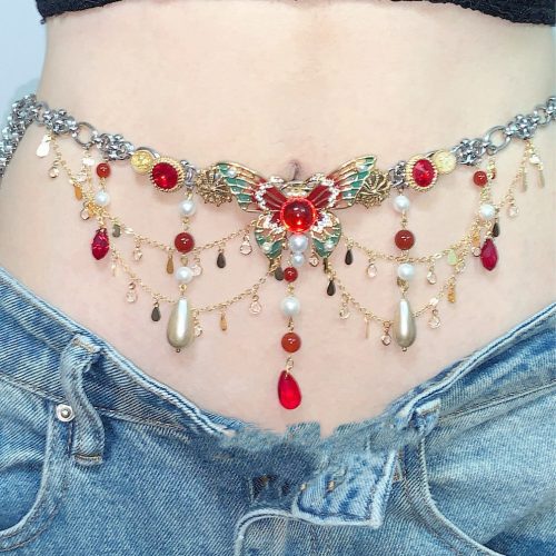 Chinoiserie ButterflyPendantTasselLayeredNecklaceWaistChain2