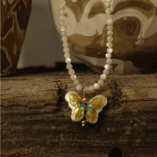 Chinoiserie CloisonneButterflyShellPearlNecklace2