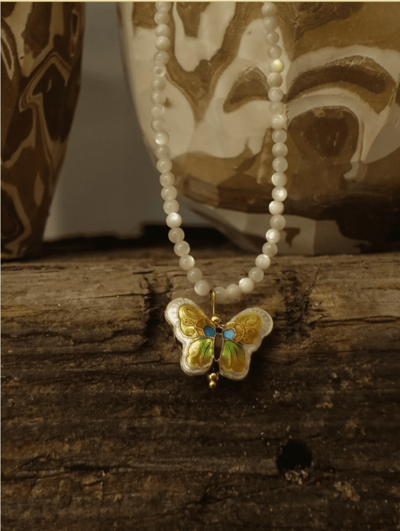 Chinoiserie CloisonneButterflyShellPearlNecklace2