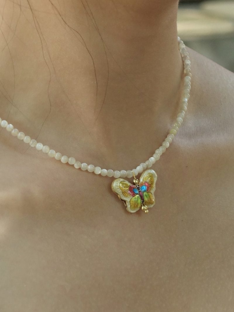 Chinoiserie CloisonneButterflyShellPearlNecklace4