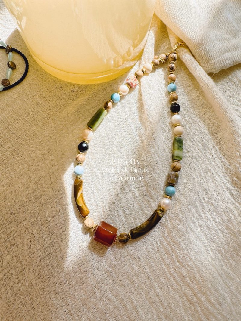 Chinoiserie DunhuangAgatePearlBeadedNecklace1