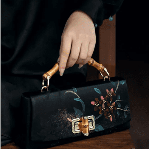 Chinoiserie FlowerBambooHandleSilkCultchBag2