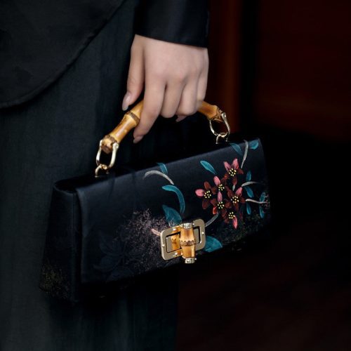 Chinoiserie FlowerBambooHandleSilkCultchBag5