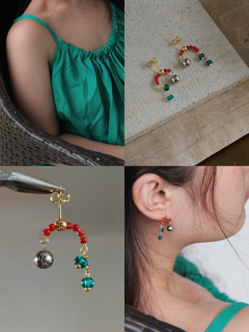 Chinoiserie NaturalAgateRedGreenBeadedDropEarrings1